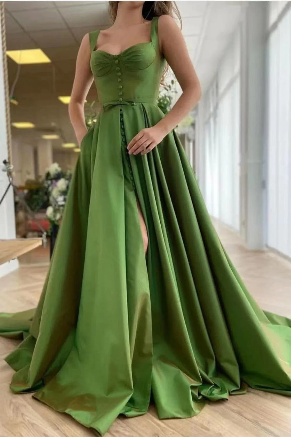 2021 Popular A Line Prom Dresses, Slit Satin Long Prom Dresses, Newest Evening Dresses