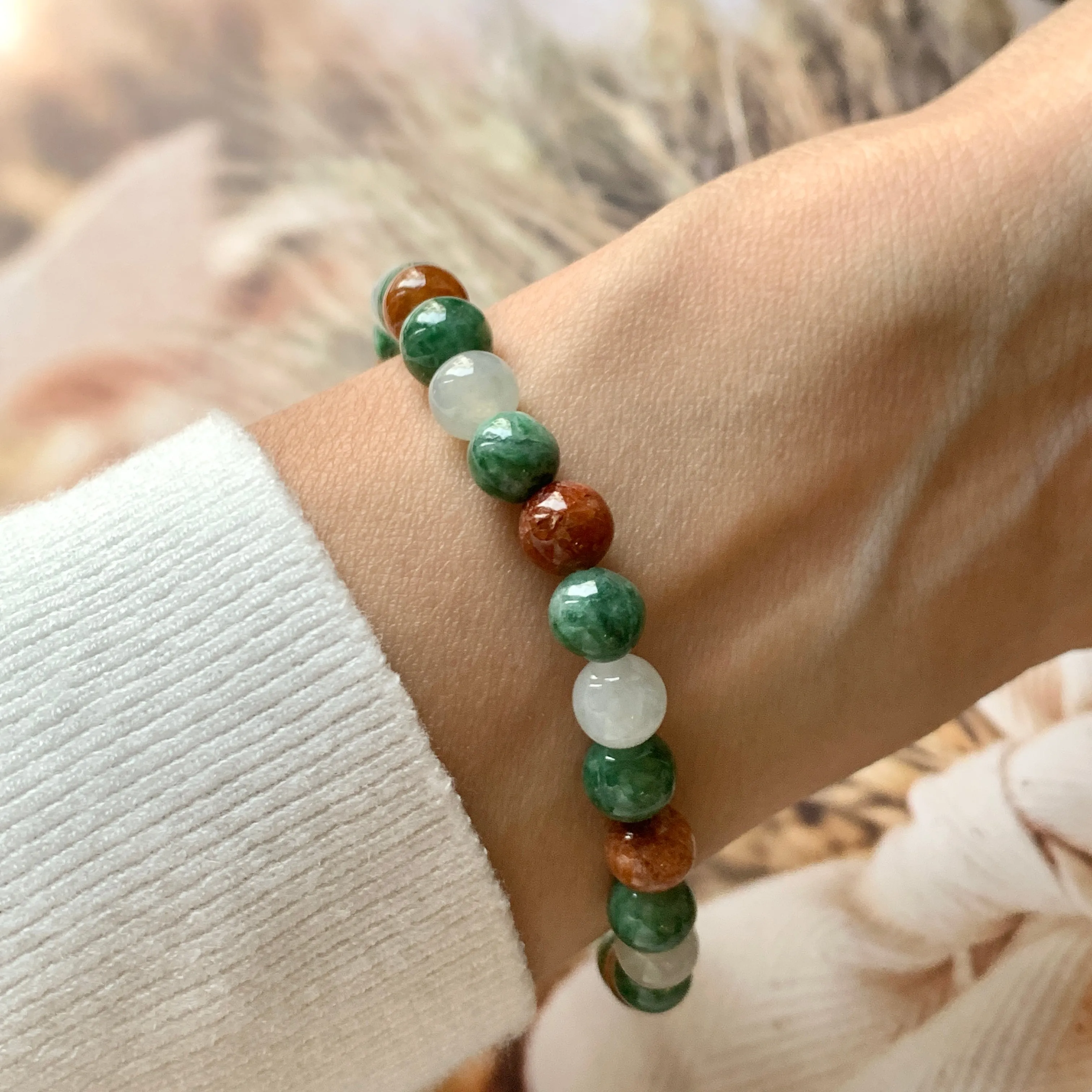 7.4mm A-Grade Natural Tri-Colour Jadeite Beaded Bracelet No.190348