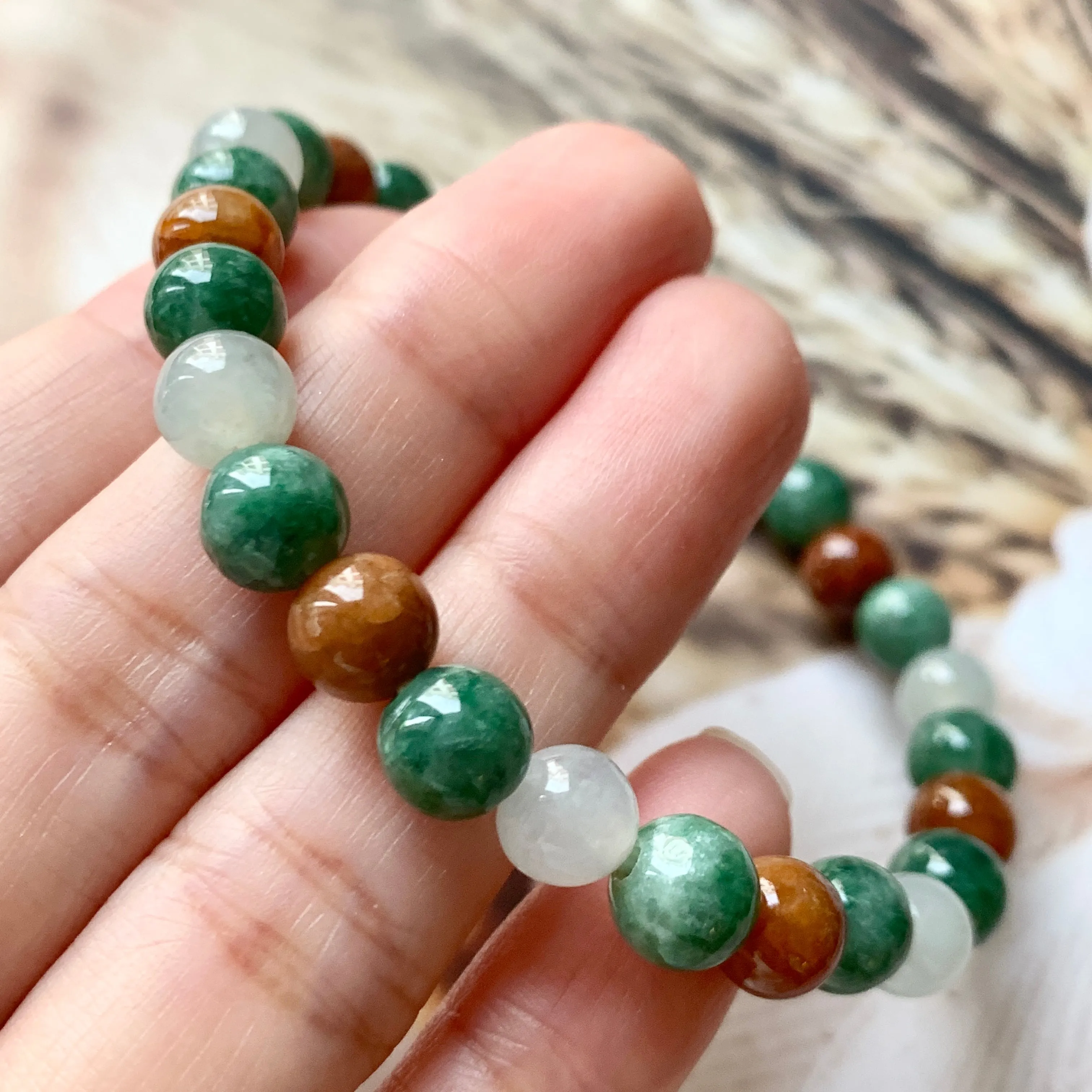 7.4mm A-Grade Natural Tri-Colour Jadeite Beaded Bracelet No.190348