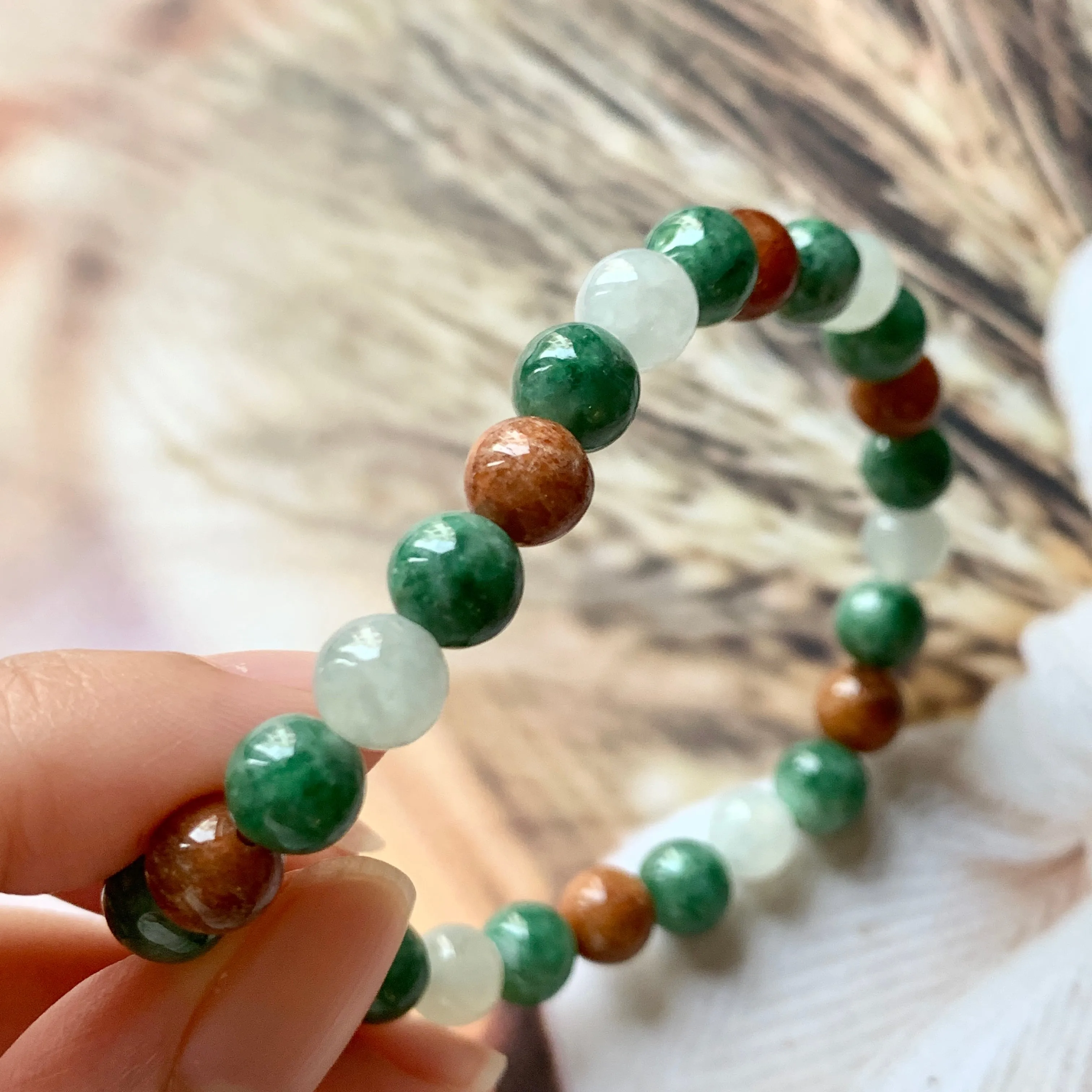 7.4mm A-Grade Natural Tri-Colour Jadeite Beaded Bracelet No.190348