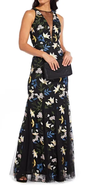 Adrianna Papell AP1E204822 Long Sleeveless Floral Mesh Formal Dress