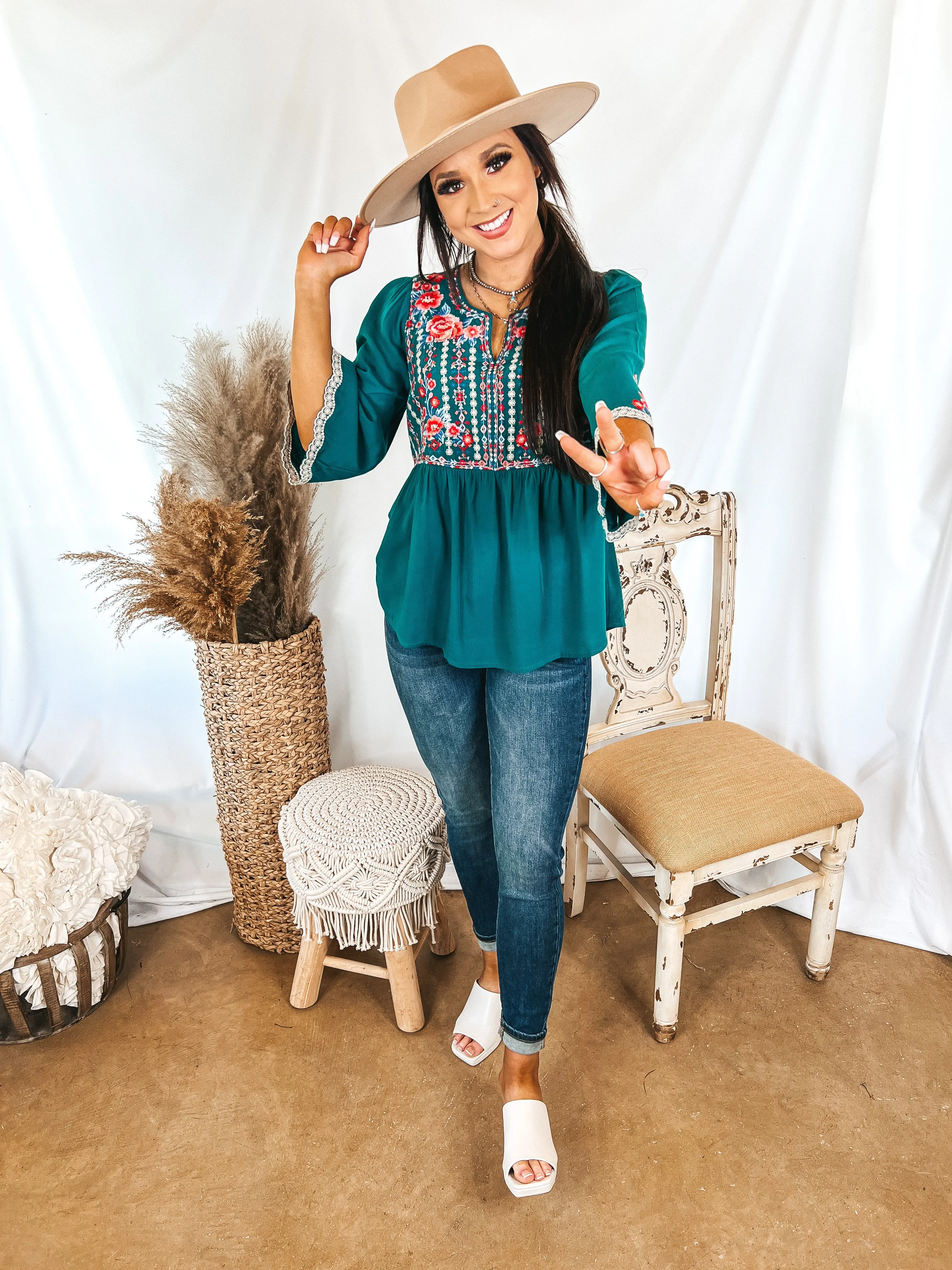 Already Mine 3/4 Bell Sleeve Embroidered Babydoll Top in Teal