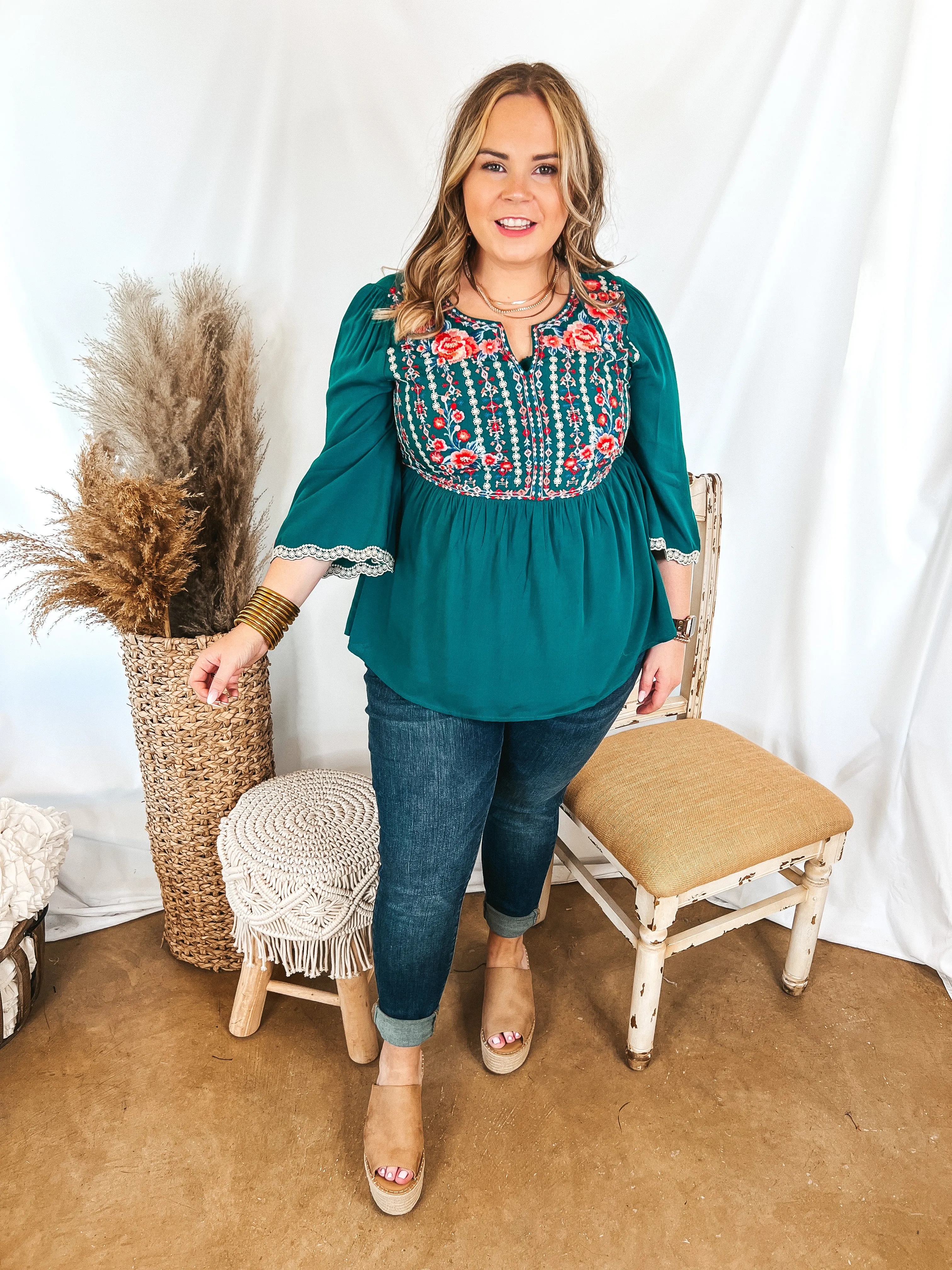 Already Mine 3/4 Bell Sleeve Embroidered Babydoll Top in Teal