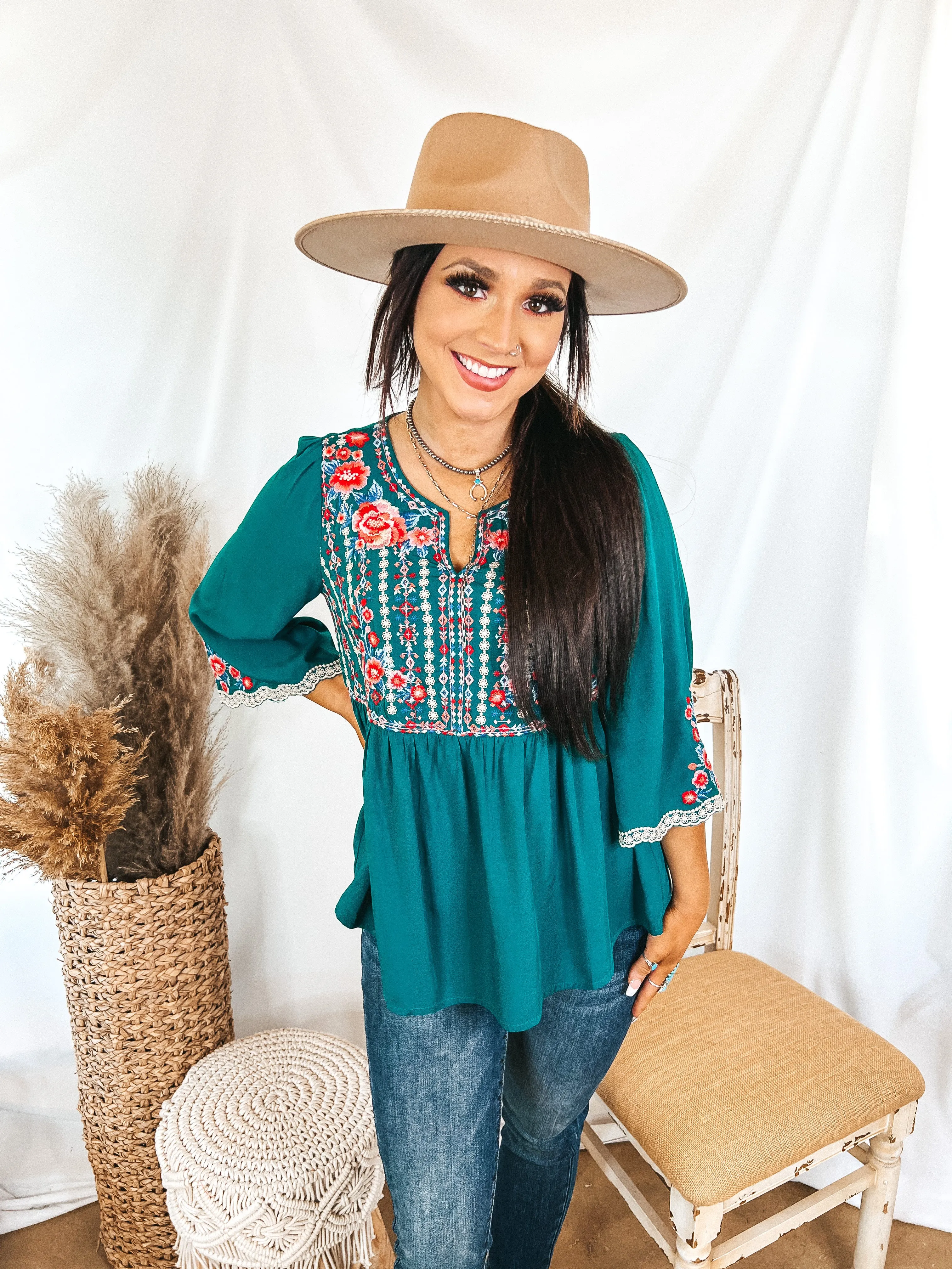 Already Mine 3/4 Bell Sleeve Embroidered Babydoll Top in Teal