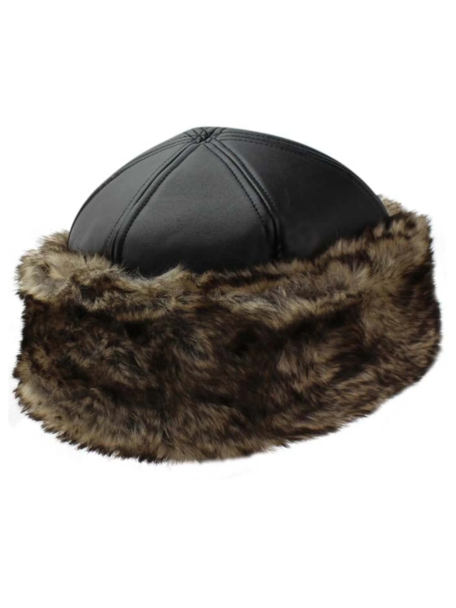 Black Faux Leather & Fur Trim Russian Hat With Quilted Lining