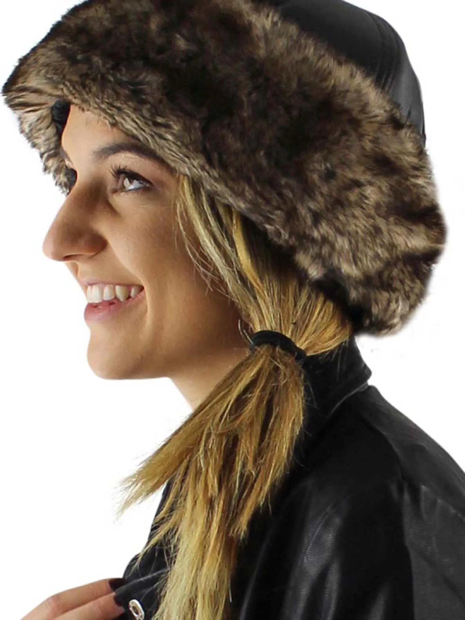 Black Faux Leather & Fur Trim Russian Hat With Quilted Lining