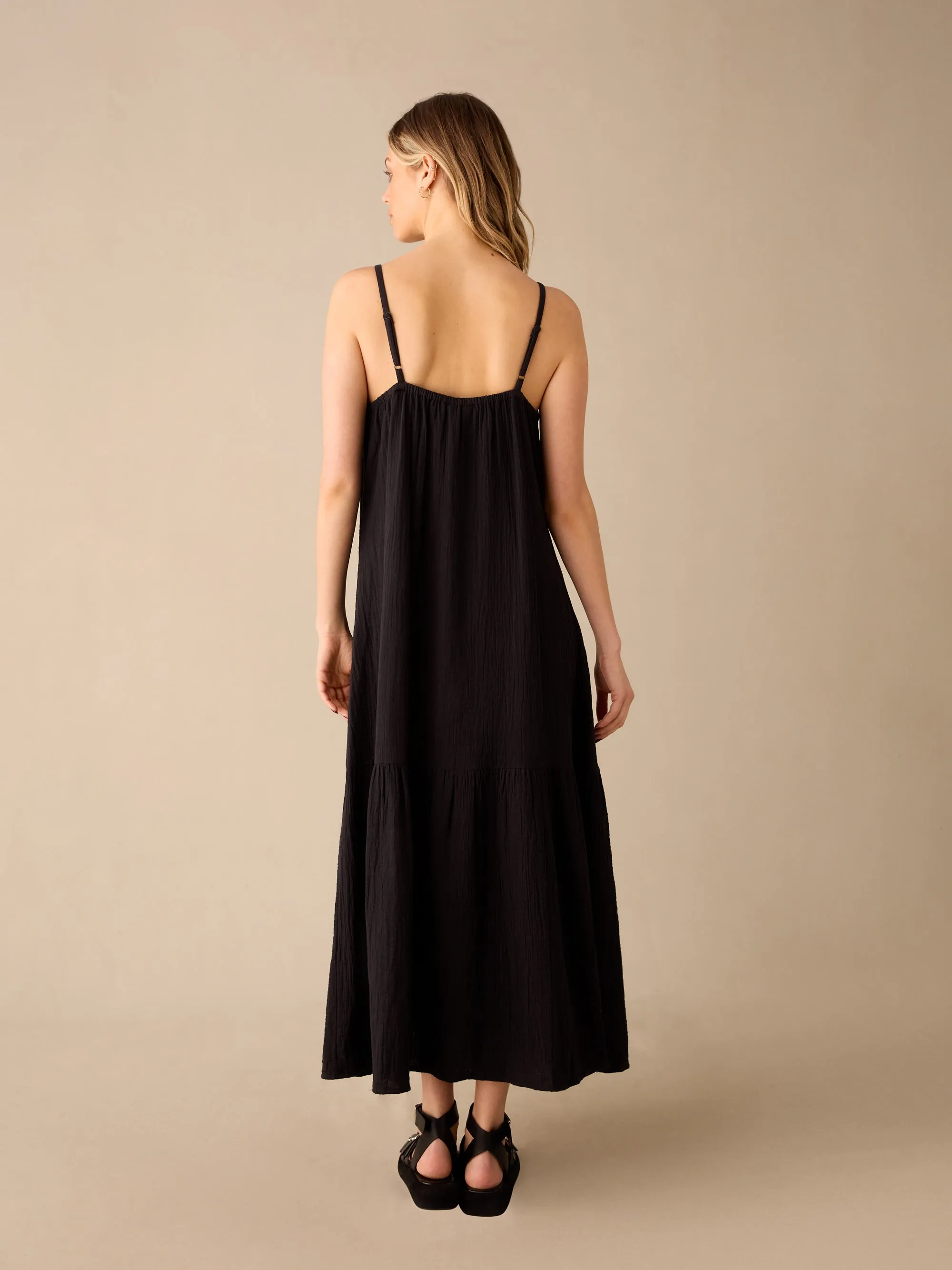 Black Tiered Hem Strappy Cheesecloth Dress