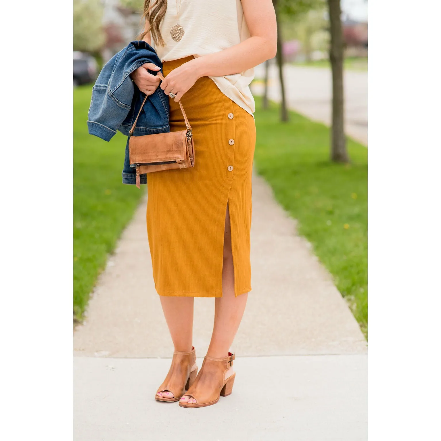 Button Accent Side Slit Midi Skirt