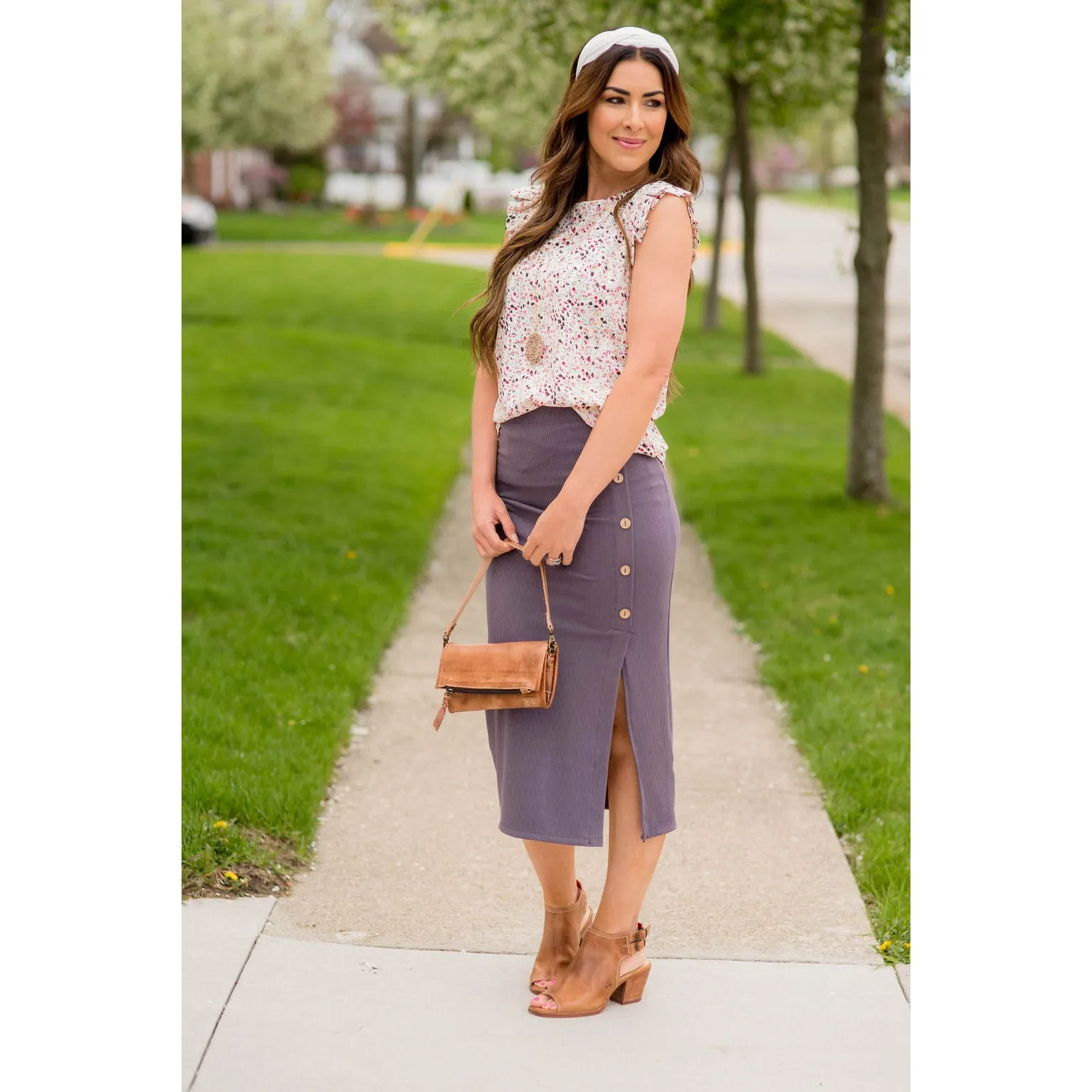 Button Accent Side Slit Midi Skirt