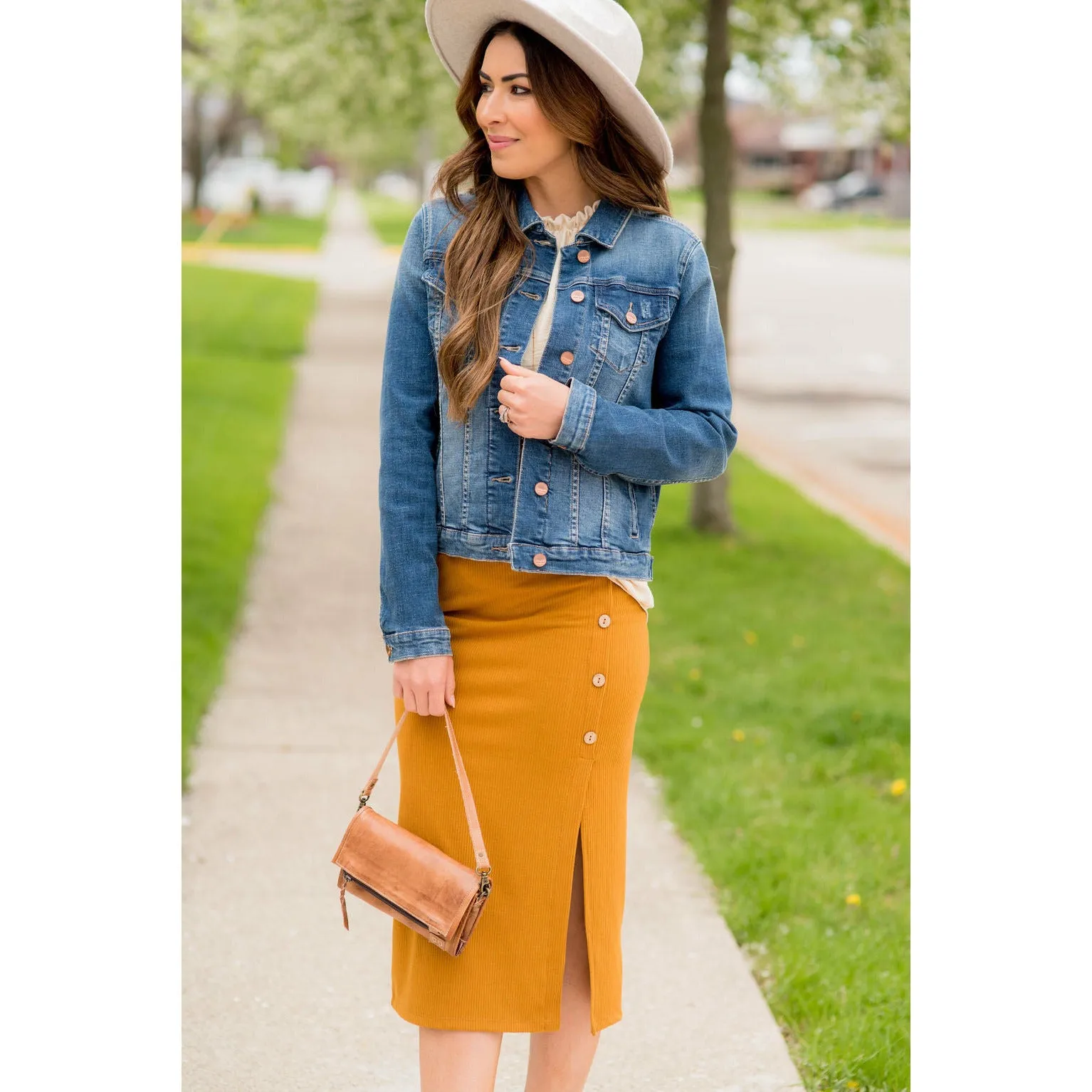 Button Accent Side Slit Midi Skirt