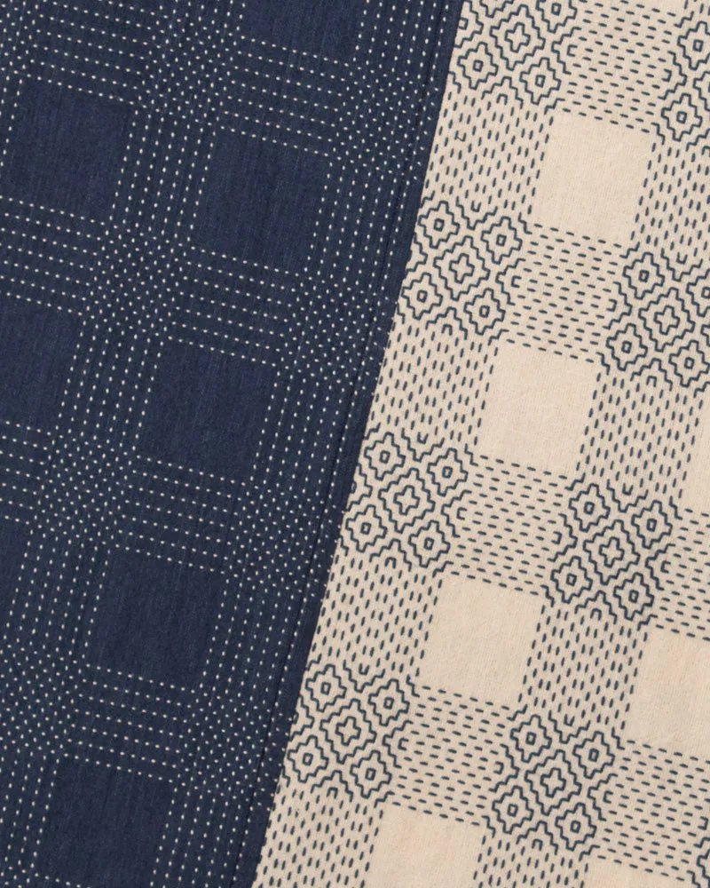 Double Split Sashiko Scarf, Cream and Indigo