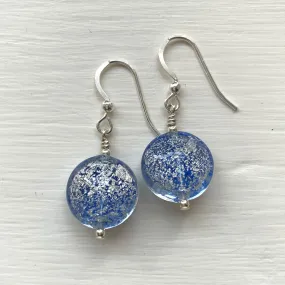 Earrings with blue translucent, white gold Murano glass small lentil drops on silver or gold