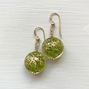 Earrings with green translucent and gold Murano glass small lentil drops on silver or gold