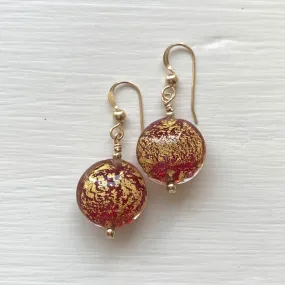 Earrings with red translucent and gold Murano glass small lentil drops on silver or gold