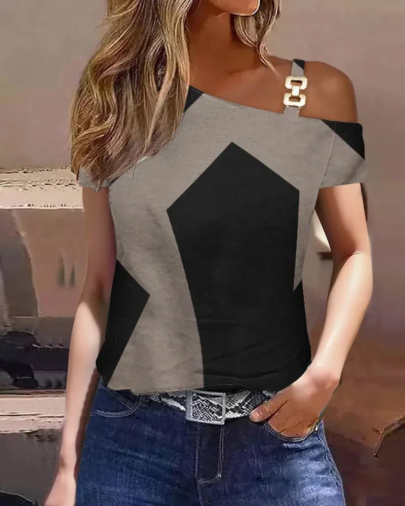 Fashion Off Shoulder Short Sleeve Blouse For Women Metal Sheet Diagonal Shirt Causal Loose Elegant Office Blouses And Shirts