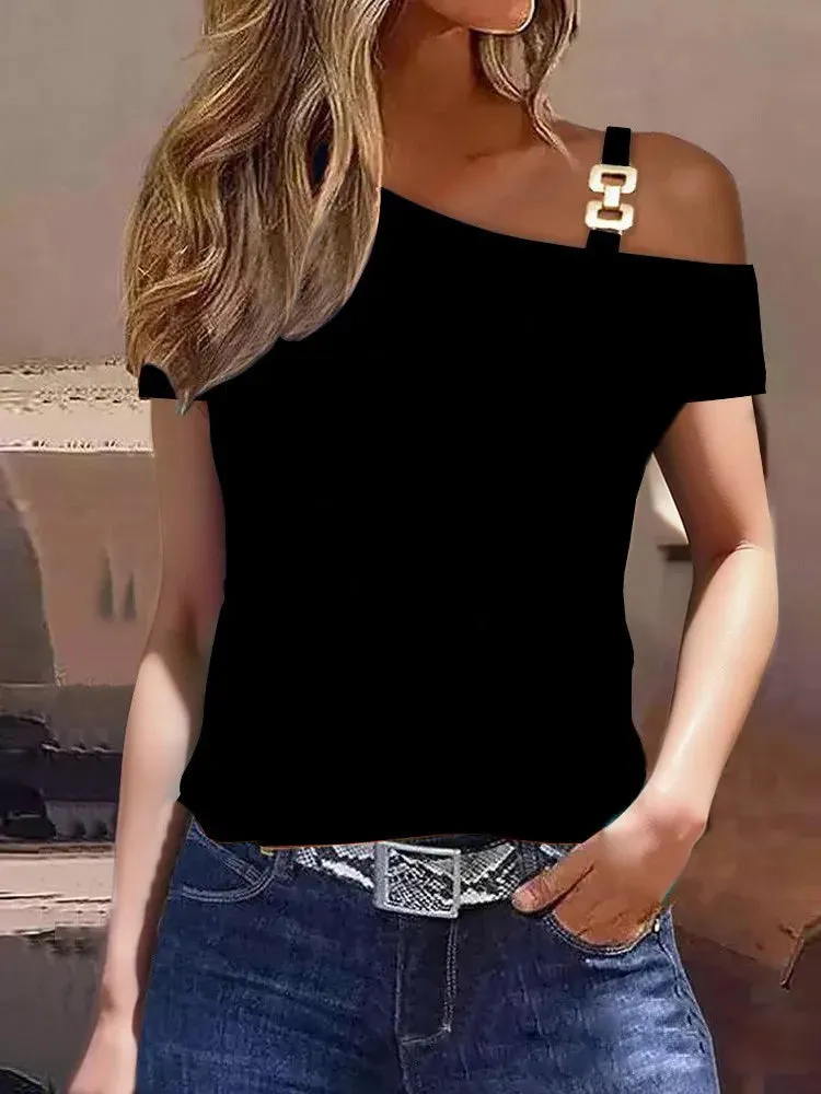 Fashion Off Shoulder Short Sleeve Blouse For Women Metal Sheet Diagonal Shirt Causal Loose Elegant Office Blouses And Shirts