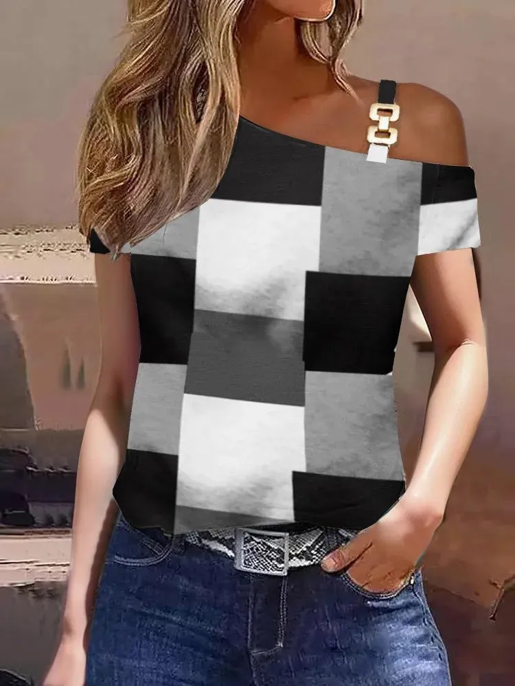 Fashion Off Shoulder Short Sleeve Blouse For Women Metal Sheet Diagonal Shirt Causal Loose Elegant Office Blouses And Shirts