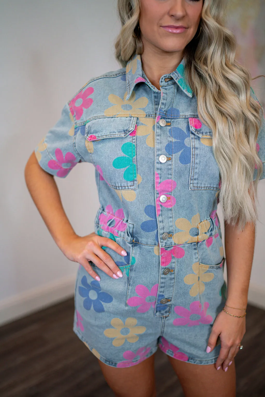 Flower Power Blue Denim Romper