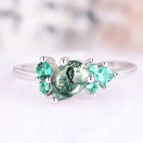 Green Moss Agate & Emerald Ring- Sterling Silver