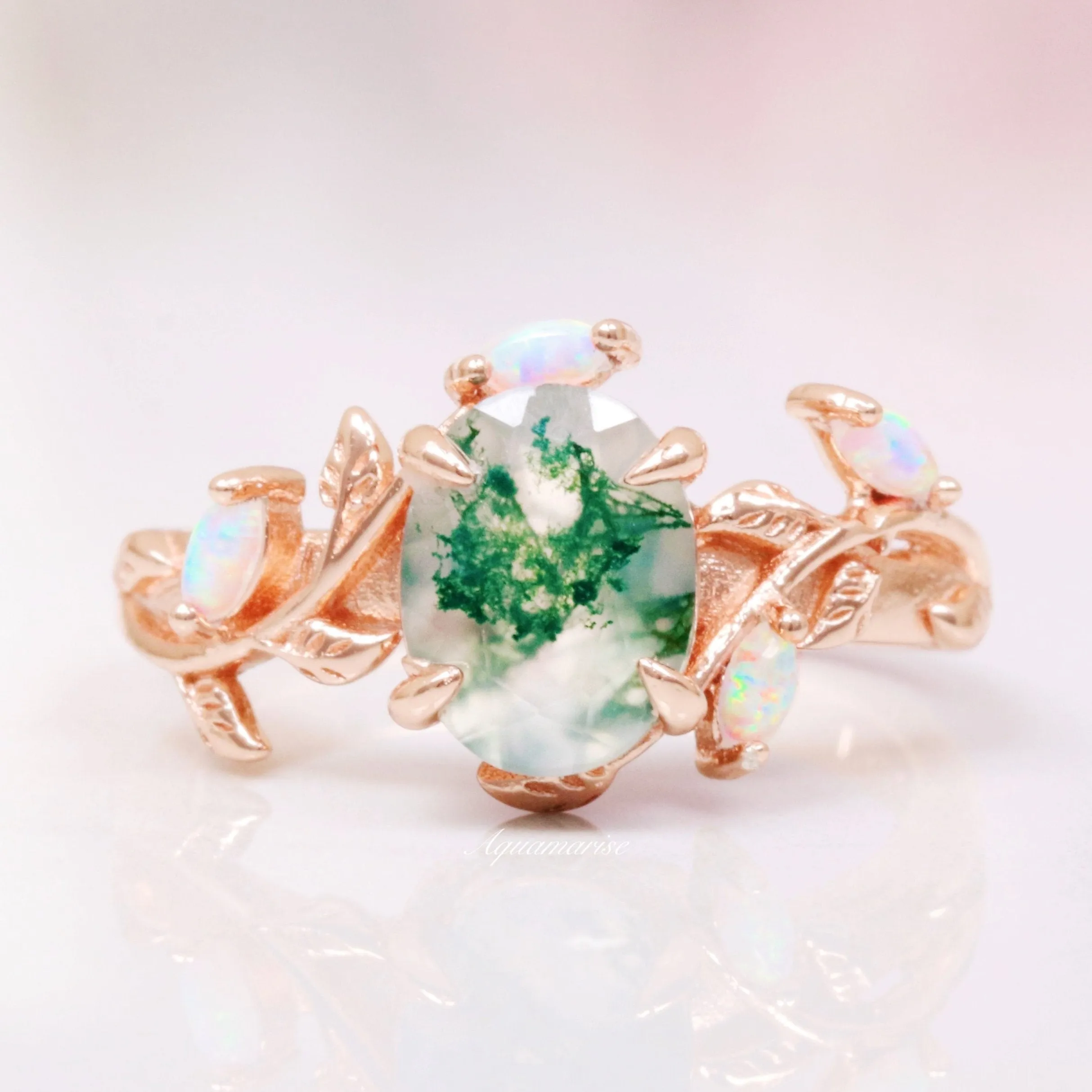 Green Moss Agate & Opal Leaf Ring- 14K Rose Gold Vermeil