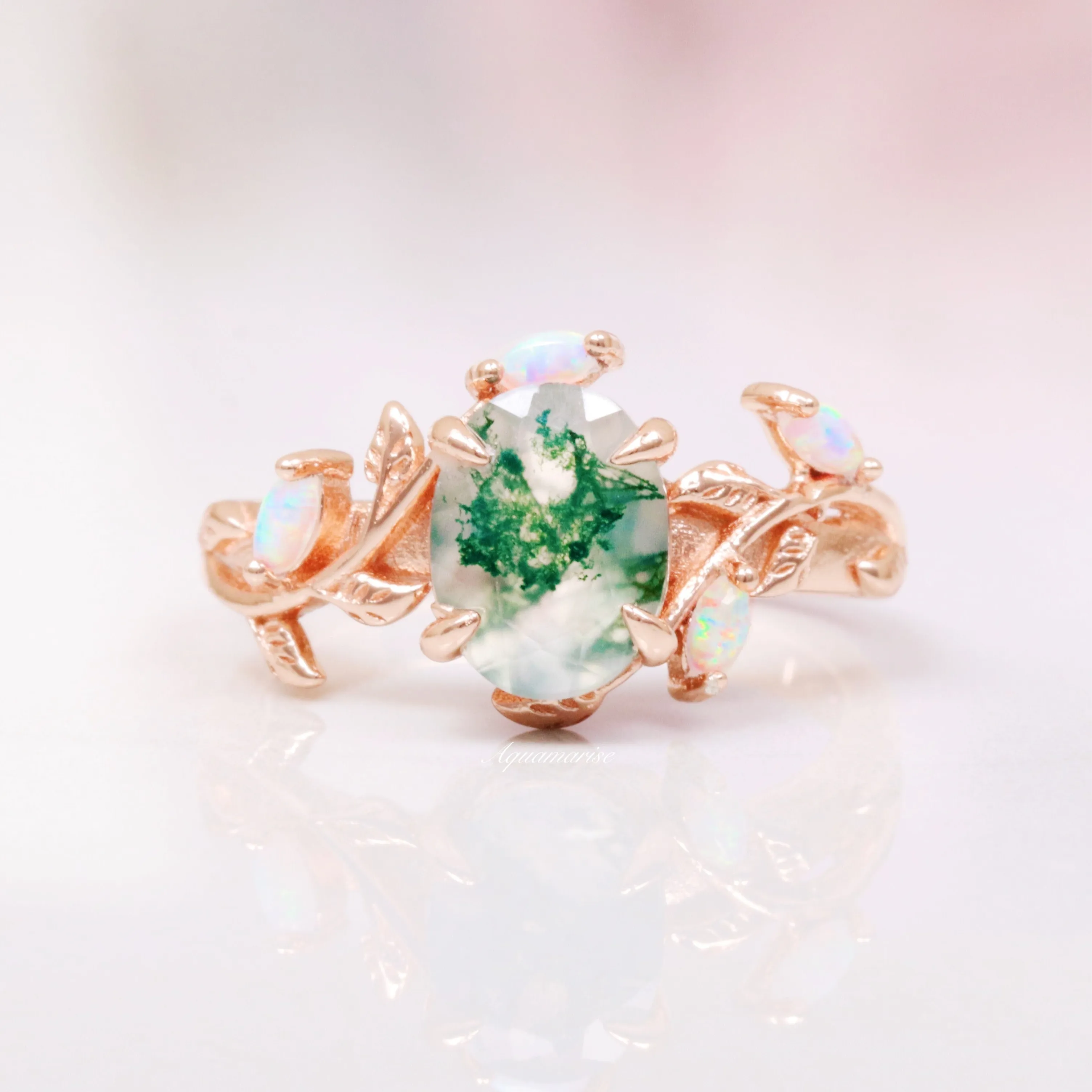 Green Moss Agate & Opal Leaf Ring- 14K Rose Gold Vermeil