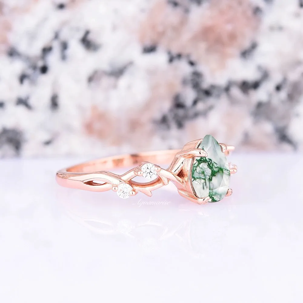 Green Moss Agate Leaf Ring- 14K Rose Gold Vermeil