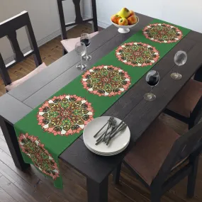 Hand Drawn Green Mandala Art Christmas Table Runner