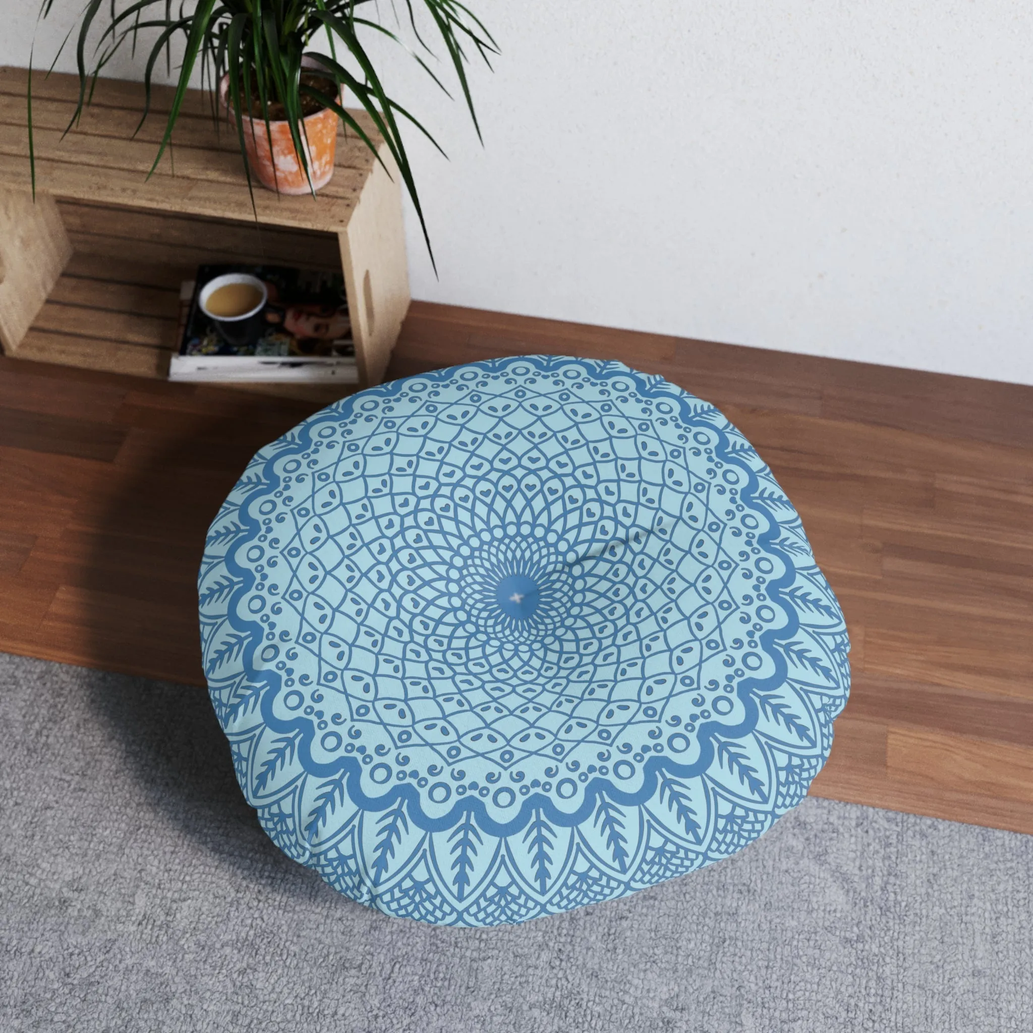 Handmade Steel Blue Mandala Art Floor Cushion - Tufted Round Pillow