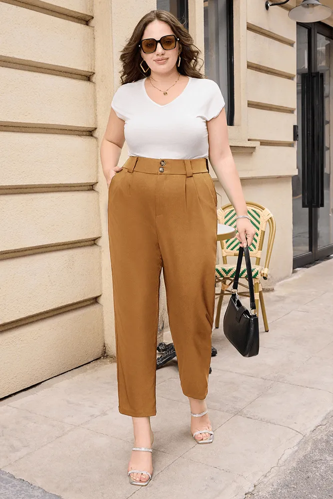 HN High Waist Casual Elastic Waist Solid Color Pants