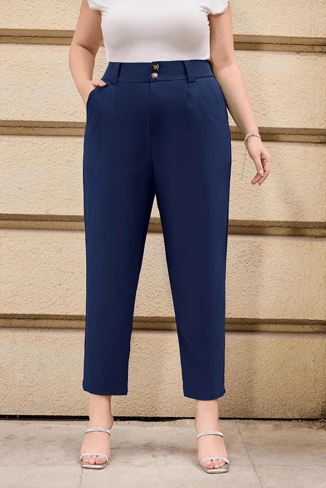 HN High Waist Casual Elastic Waist Solid Color Pants