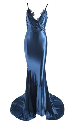 Honey Couture PENELOPE Blue Applique Formal Gown Dress