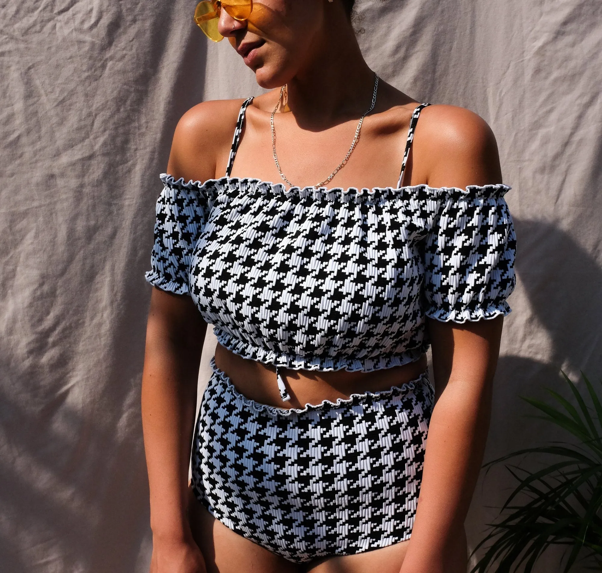 Houndstooth waffle high waisted bikini bottom [Monochrome]