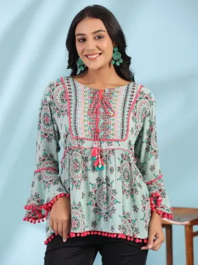 Juniper Mint Women Rayon Crepe Ethnic Motif Printed Peplum Tunic With Beadwork