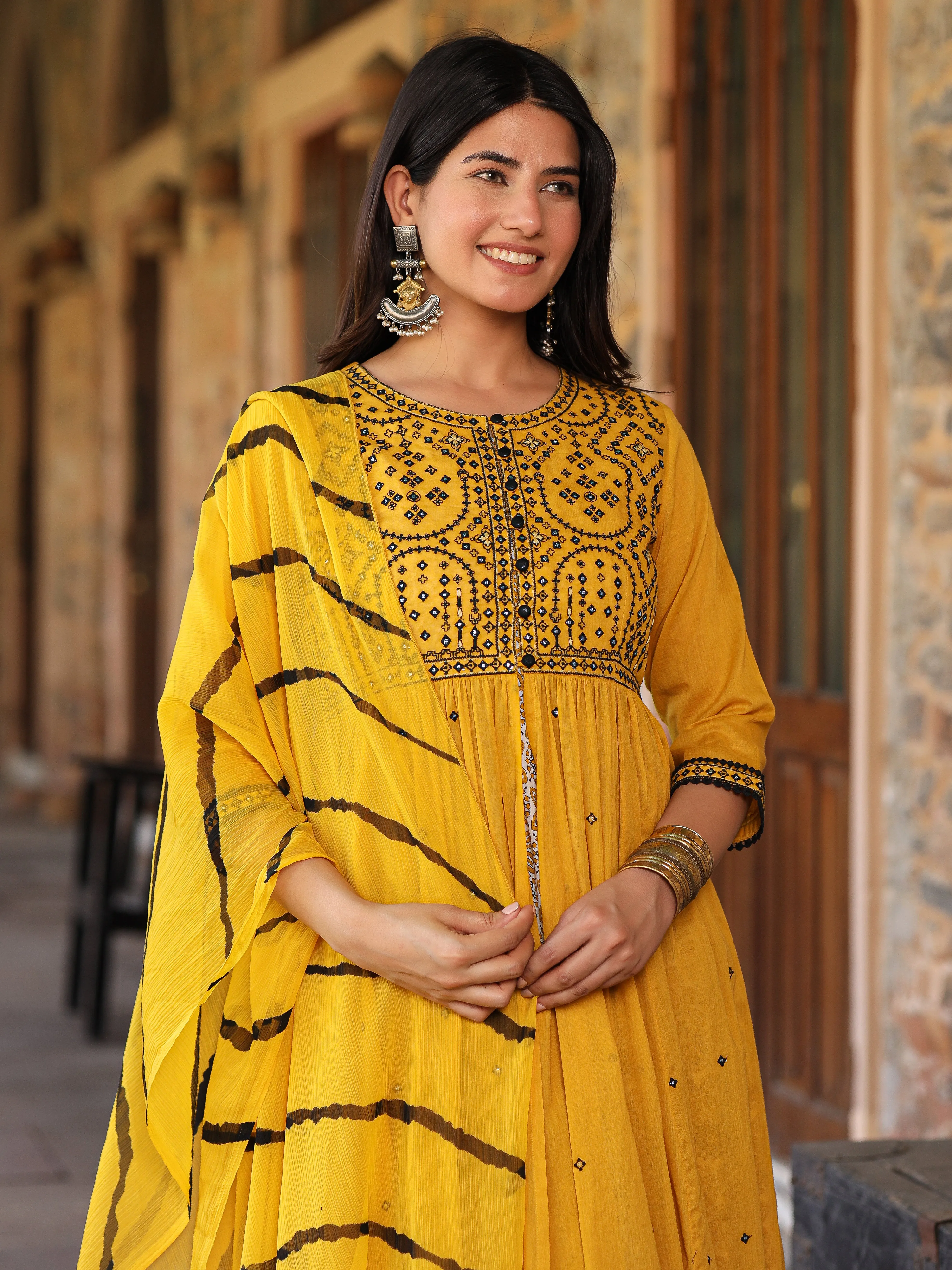 Juniper Mustard & Black Cotton  Embroidered Anarkali Dress With Jacket & Tie-Dye Dupatta