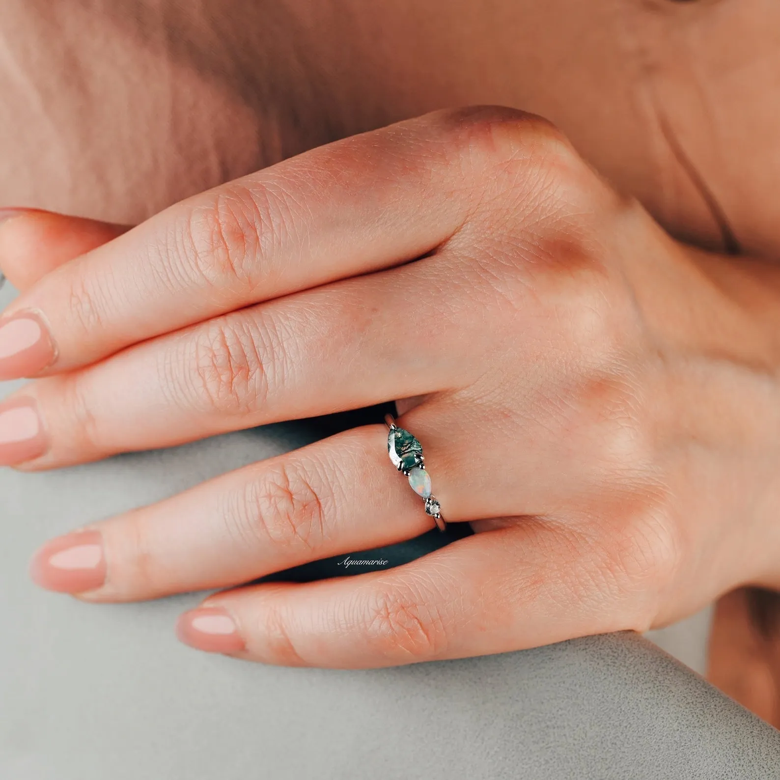 Natural Green Moss Agate & Fire Opal Ring- 14K Rose Gold Vermeil