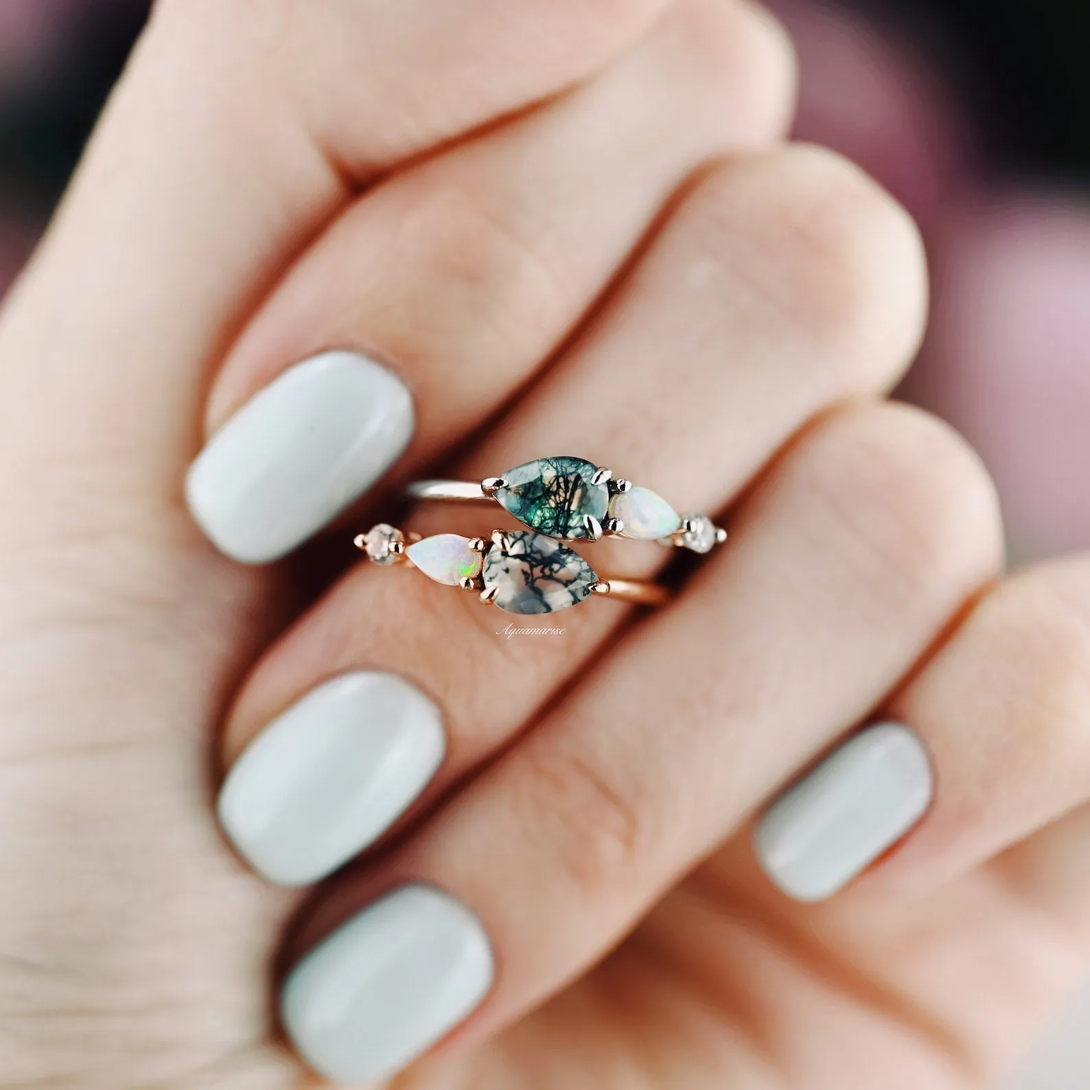 Natural Green Moss Agate & Fire Opal Ring- 14K Rose Gold Vermeil