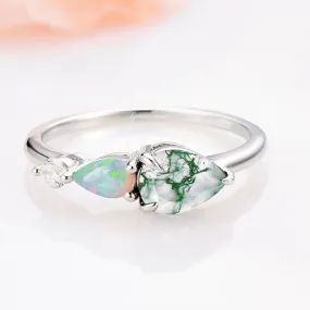 Natural Green Moss Agate & Fire Opal Ring- Sterling Silver