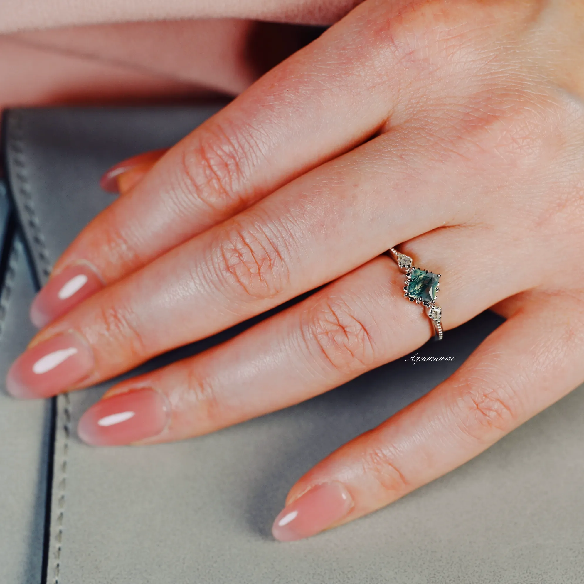 Natural Green Moss Agate Ring- Sterling Silver