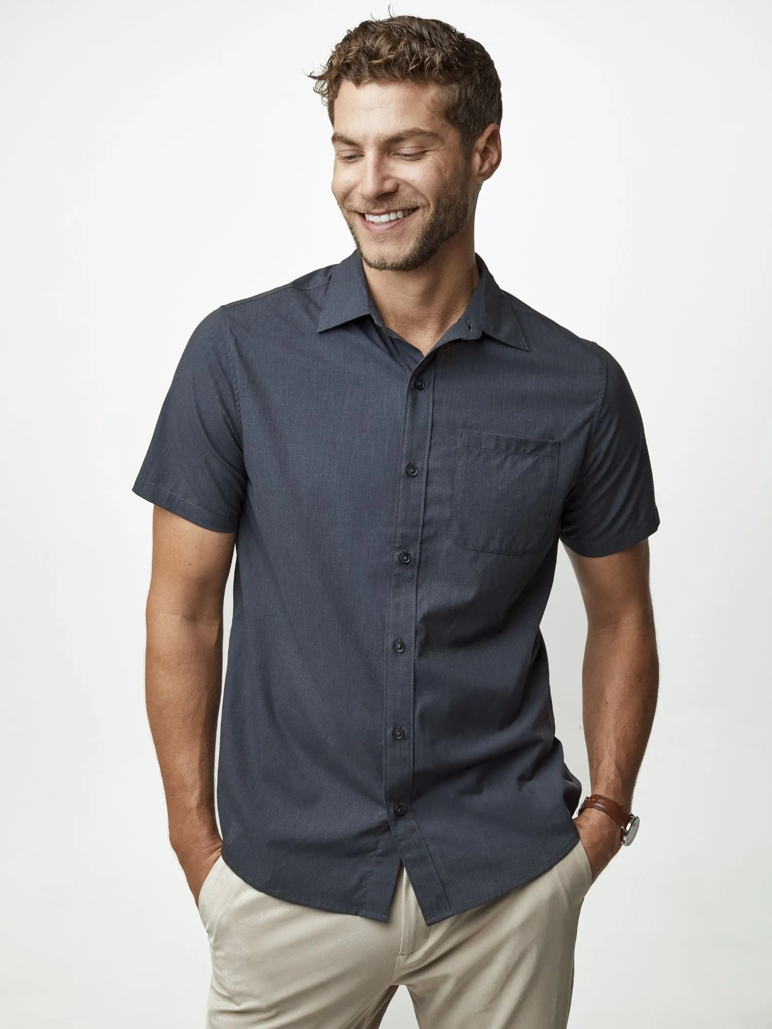 Navy Short Sleeve Stretch Button Up