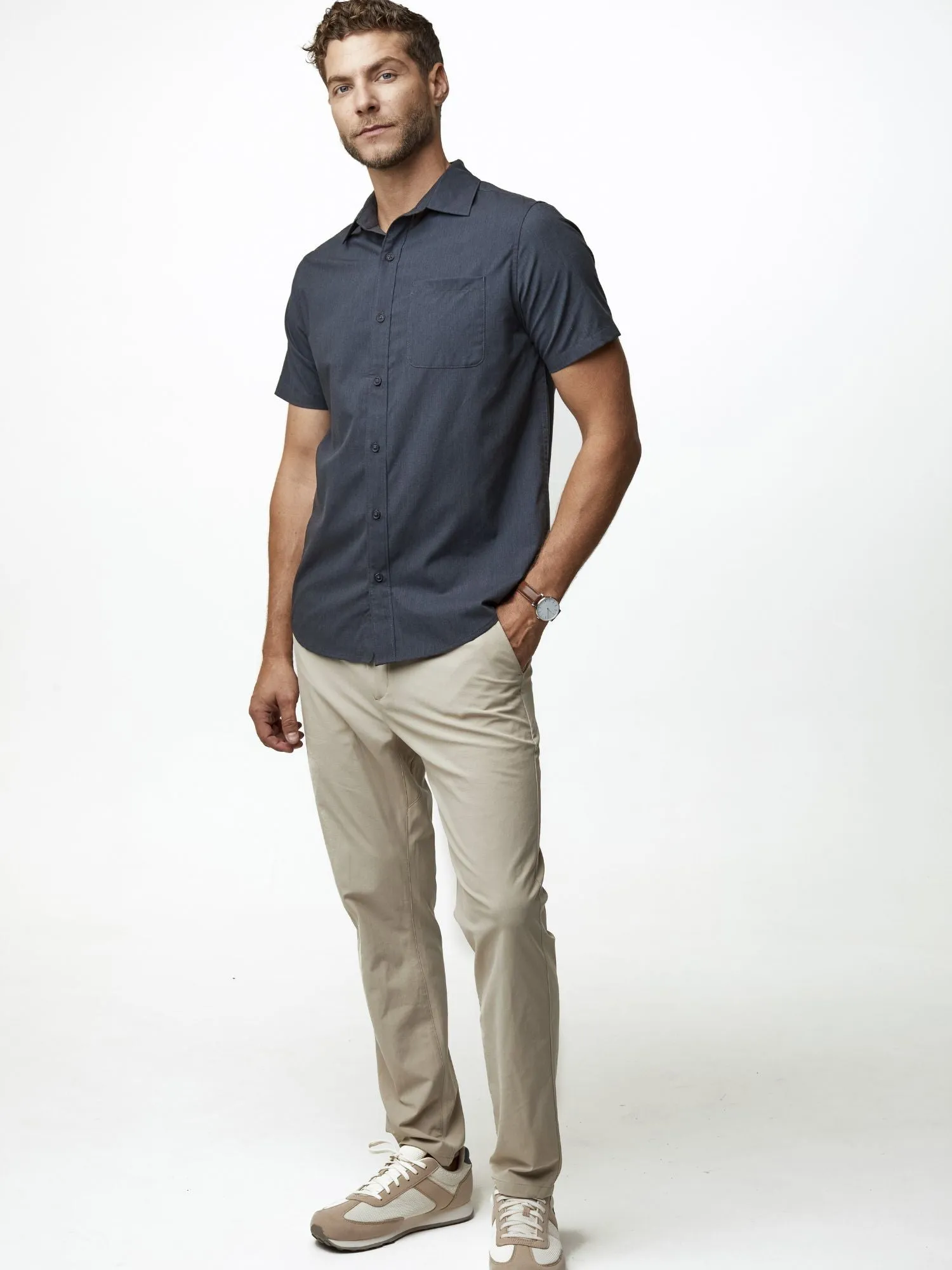 Navy Short Sleeve Stretch Button Up