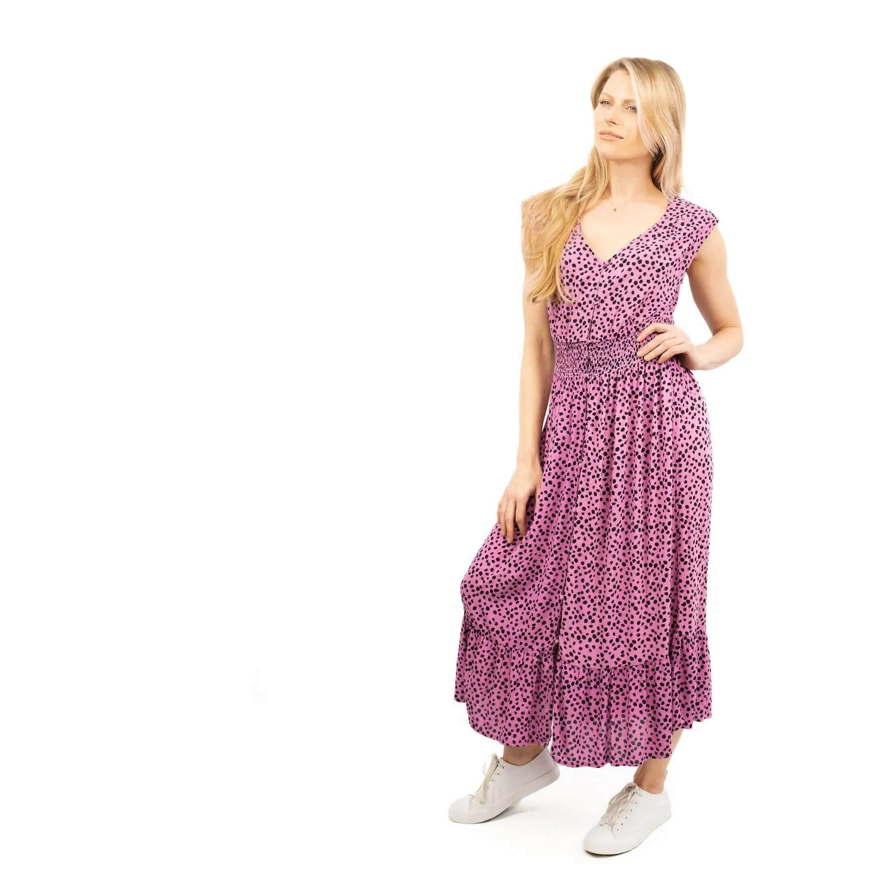 Next Pink Leopard Print V-Neck Sleeveless Tiered Midi Dress