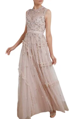 Nude Shimmer Ditsy Sleeveless Floral Embellished Gown