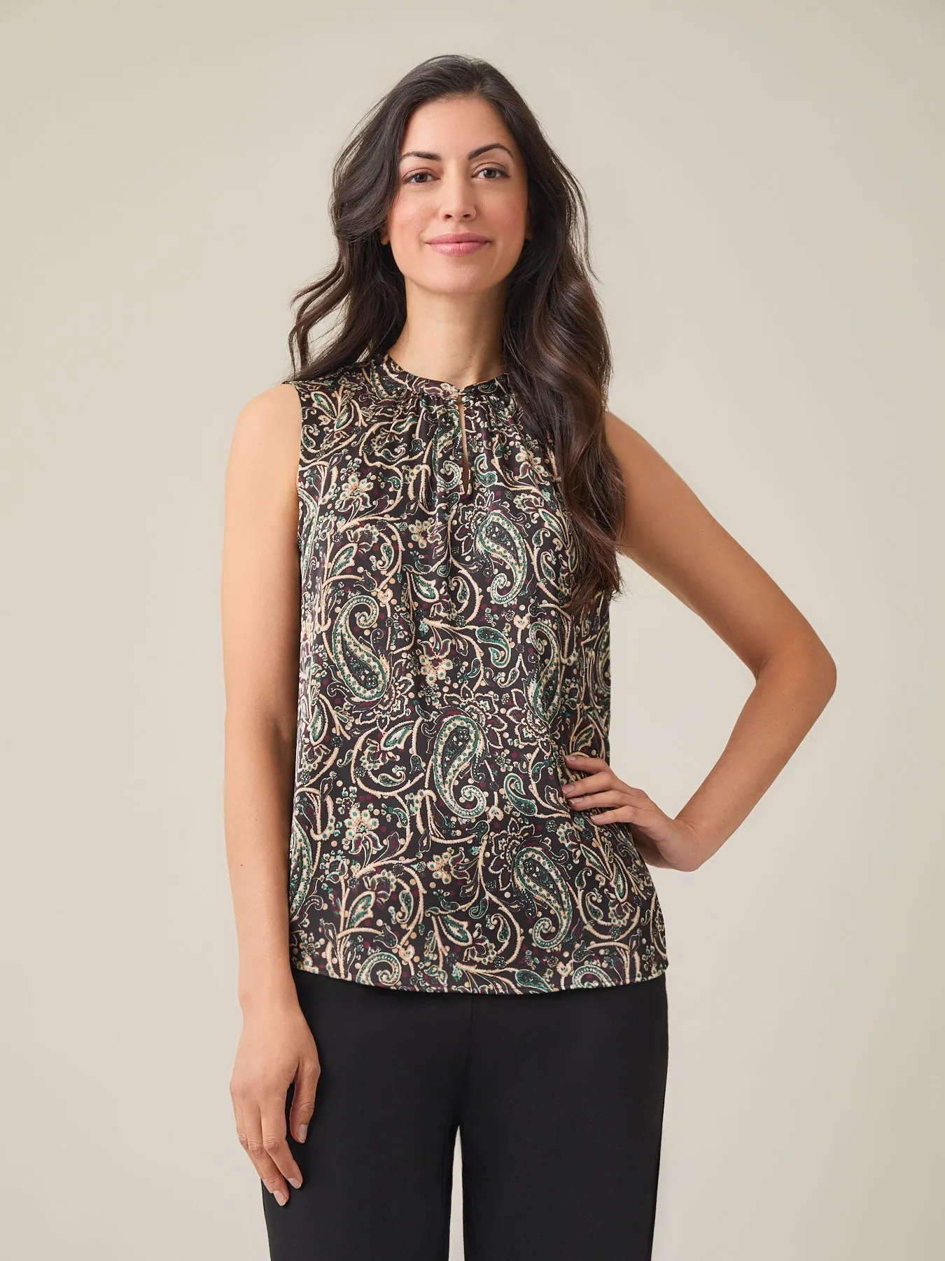 Petite Sleeveless Keyhole Blouse, Solid Crepe