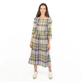 Seasalt Multi Budehaven 3/4 Sleeve Check Green Fit & Flare Midi Dress