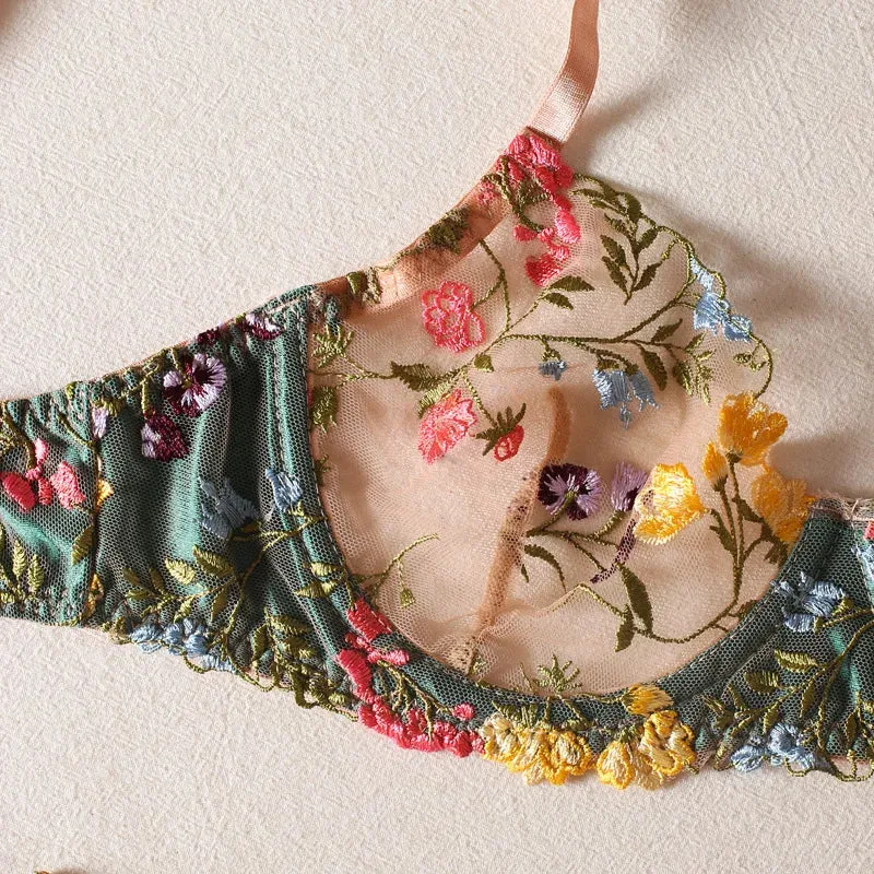 Sheer Floral Embroidered Underwire Bra & Brief Sets - Thin Mold Cup