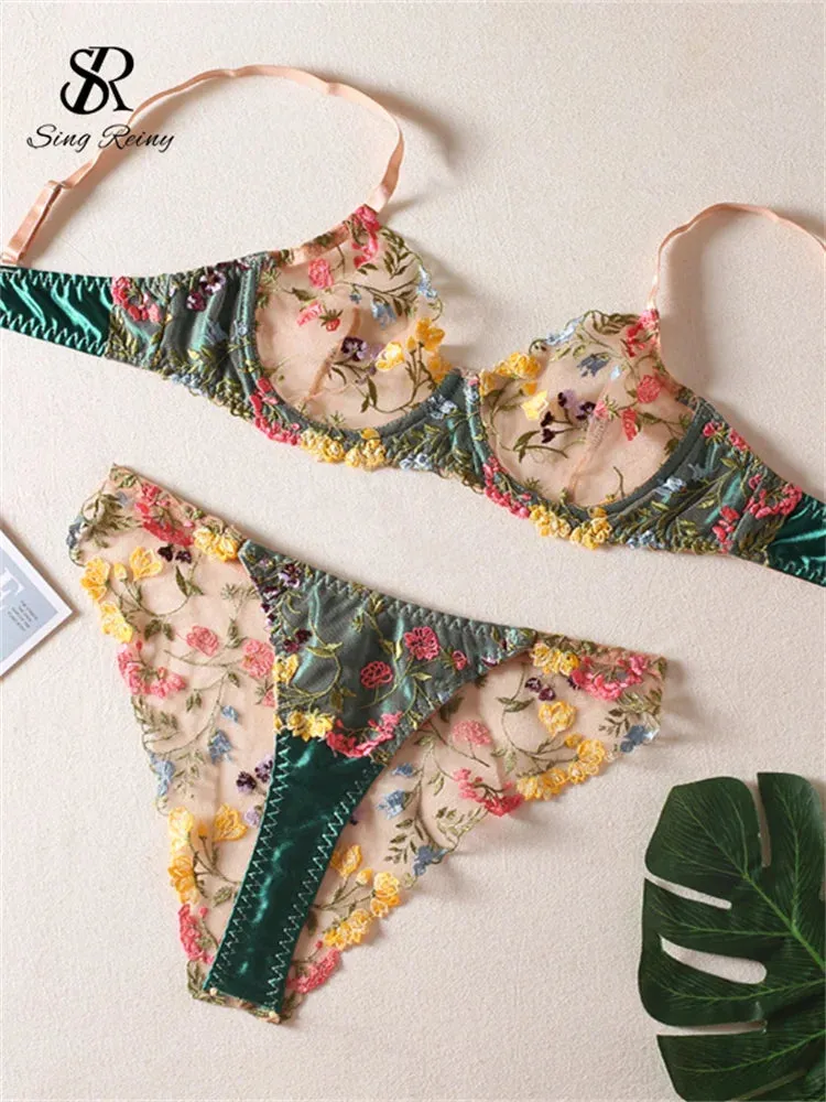 Sheer Floral Embroidered Underwire Bra & Brief Sets - Thin Mold Cup