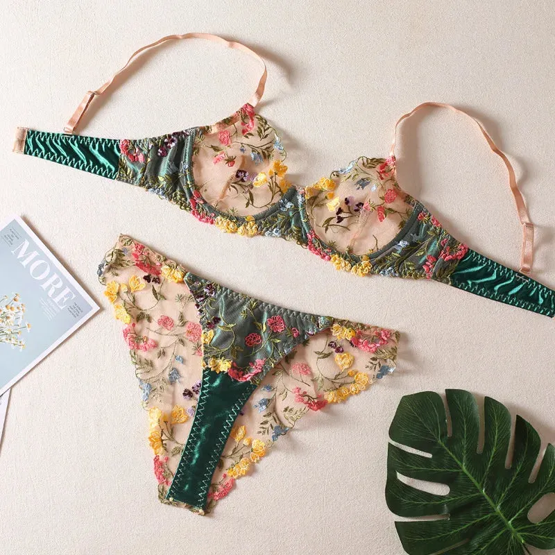 Sheer Floral Embroidered Underwire Bra & Brief Sets - Thin Mold Cup