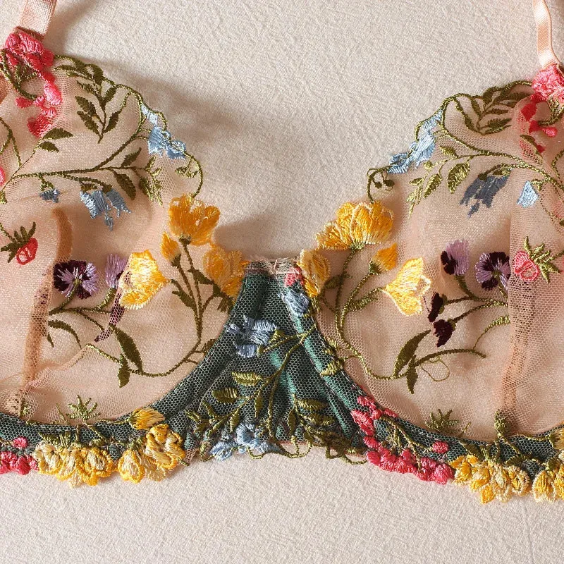 Sheer Floral Embroidered Underwire Bra & Brief Sets - Thin Mold Cup