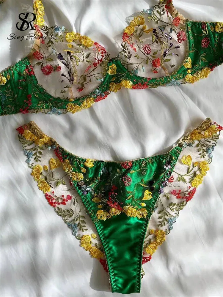 Sheer Floral Embroidered Underwire Bra & Brief Sets - Thin Mold Cup