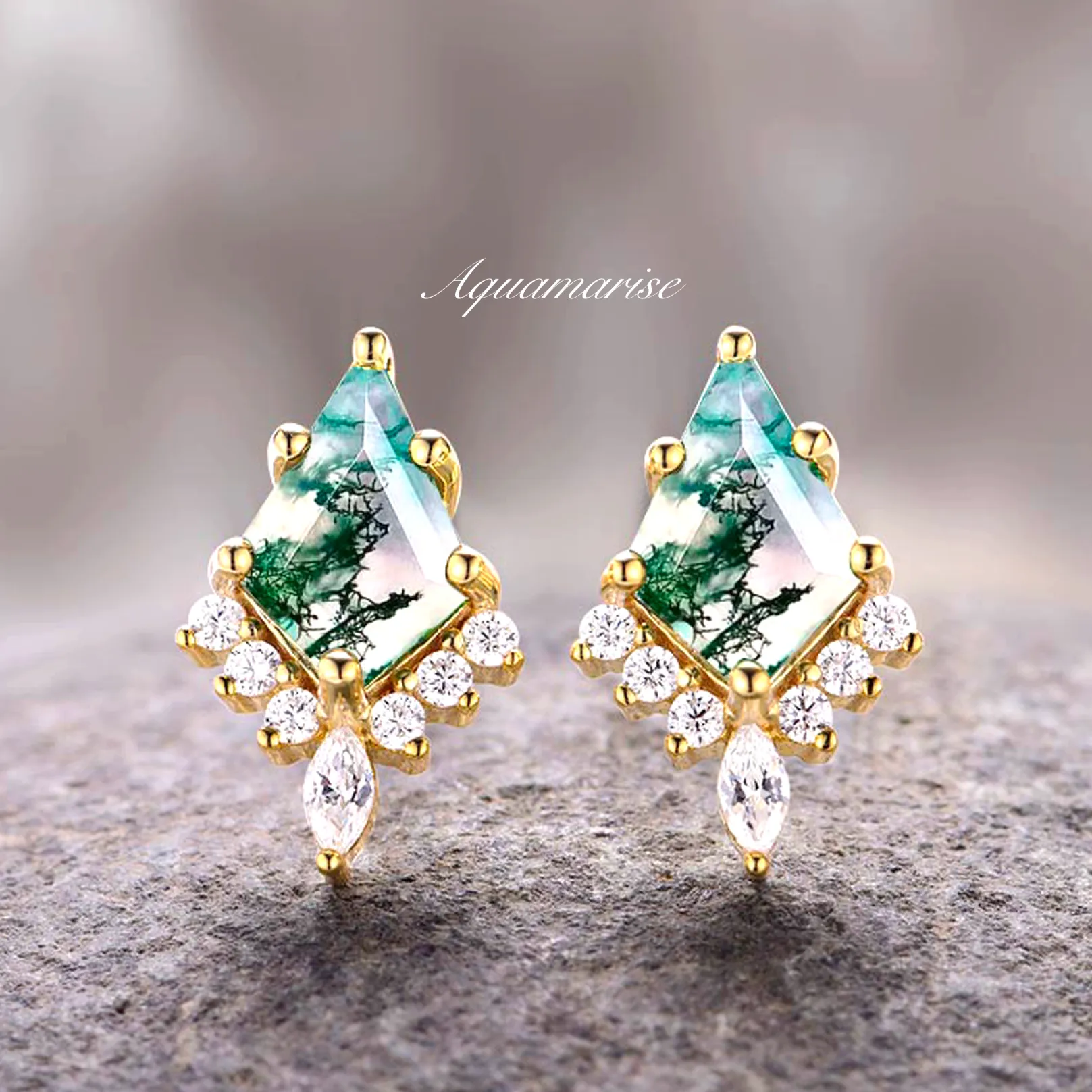 Skye Kite Green Moss Agate Stud Earrings- 14K Yellow Gold Vermeil